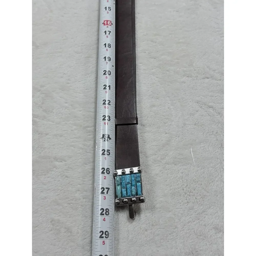 Chicos Turquoise Leather Belt Brown Silver O Ring Buckle Western Southwestern ML